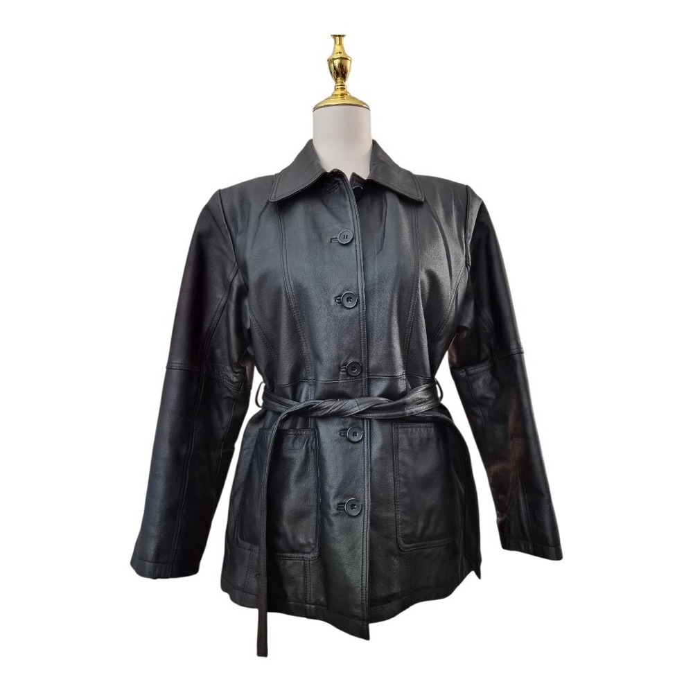 Gianni Ferrara Women's Black Genuine Leather Jacket Belted Button Front Size L